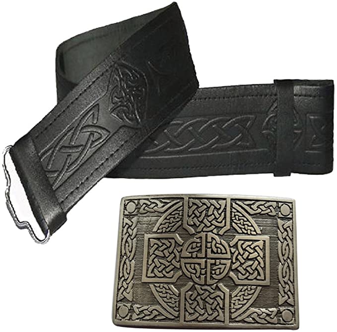 100% Real Leather Embossed Kilt Belt With Antique Kilt Belt Buckle