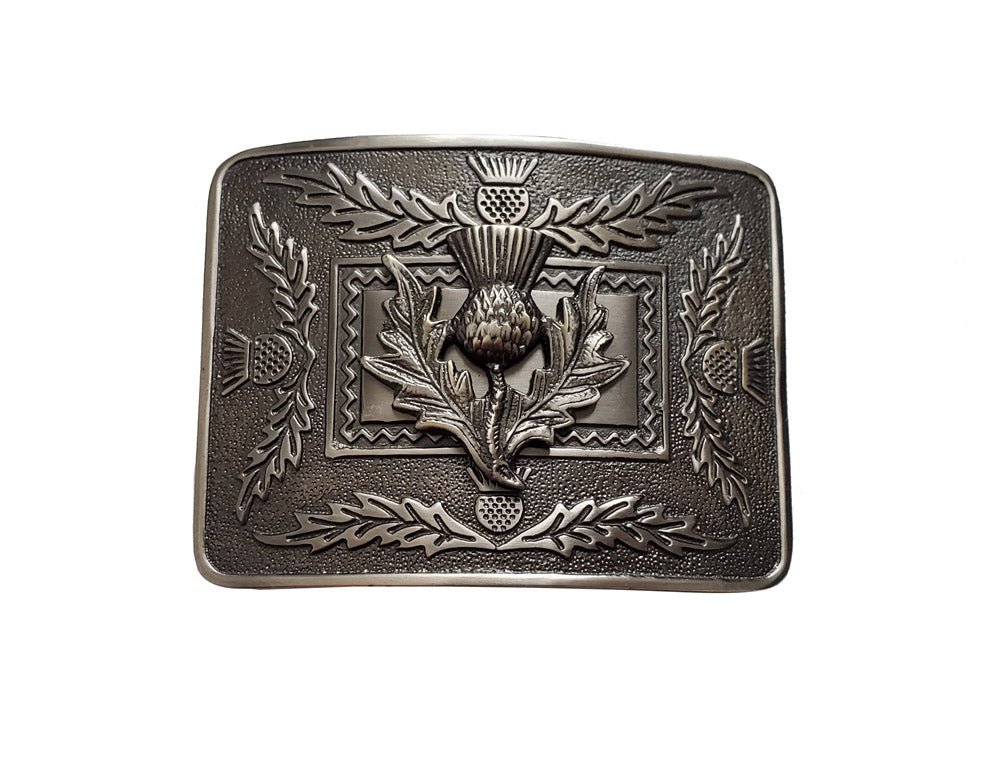 Real Leather Embossed Kilt Belt With Thistle Antique Polished Buckle Set