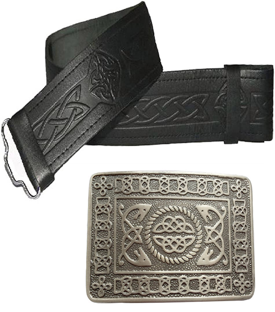100% Real Leather Embossed Kilt Belt With Antique Kilt Belt Buckle