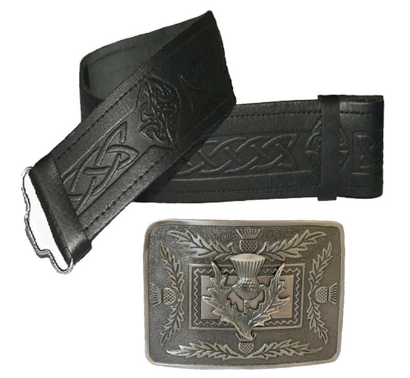 100% Real Leather Embossed Kilt Belt With Antique Kilt Belt Buckle