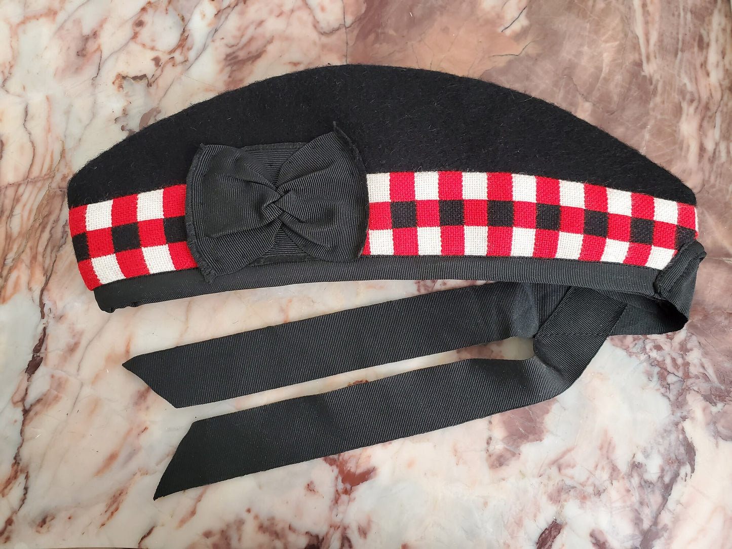 Scottish wool glengarry hat red toorie ribbon pom pom, red white and black diced, black watch pipe band beret bonnet
