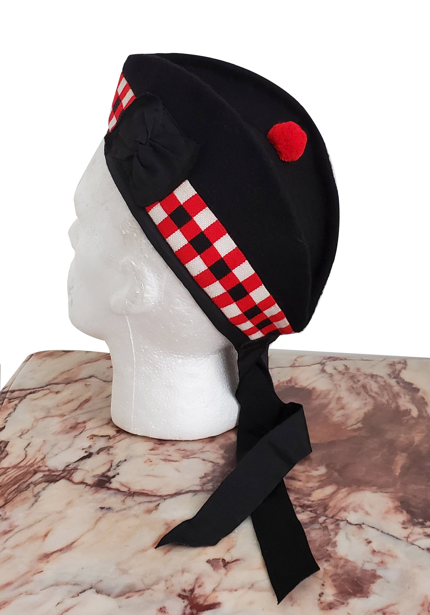Scottish wool glengarry hat red toorie ribbon pom pom, red white and black diced, black watch pipe band beret bonnet