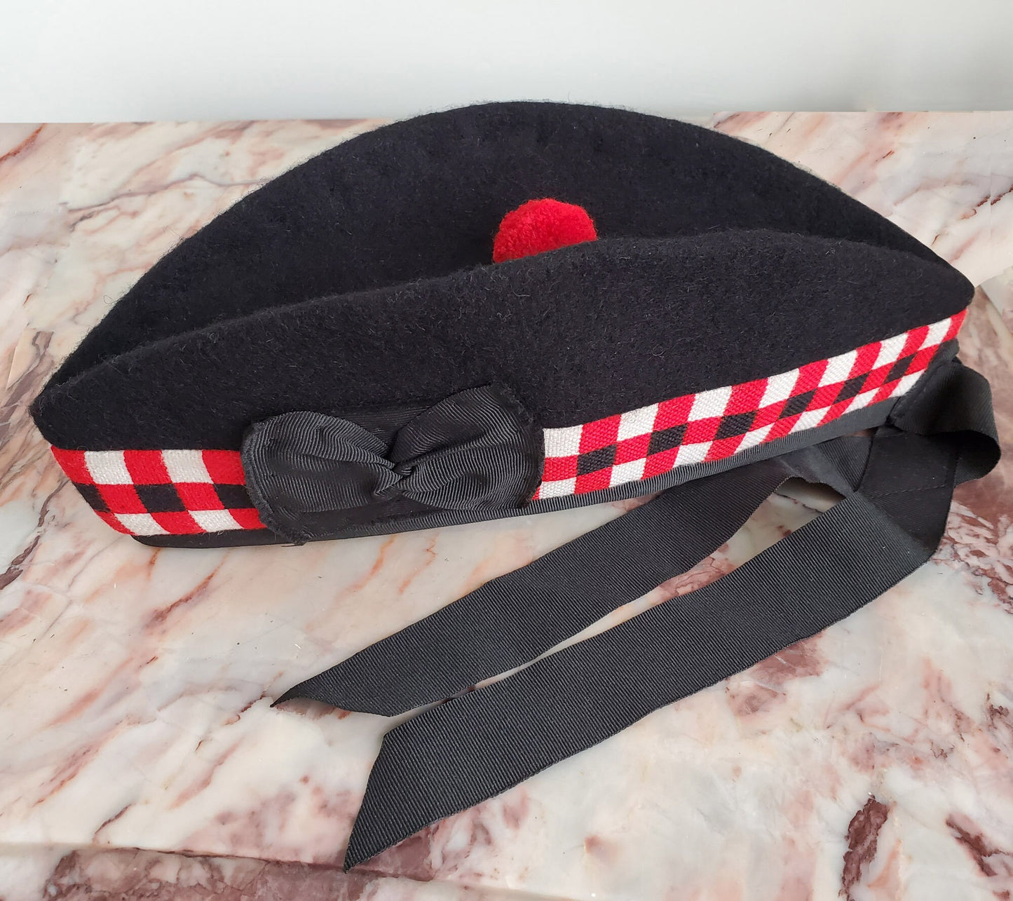 Scottish wool glengarry hat red toorie ribbon pom pom, red white and black diced, black watch pipe band beret bonnet