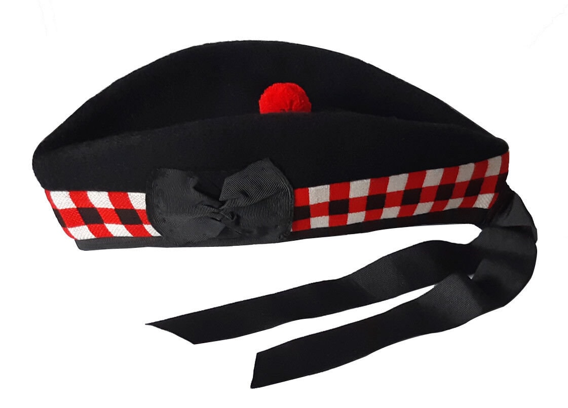 Scottish wool glengarry hat red toorie ribbon pom pom, red white and black diced, black watch pipe band beret bonnet