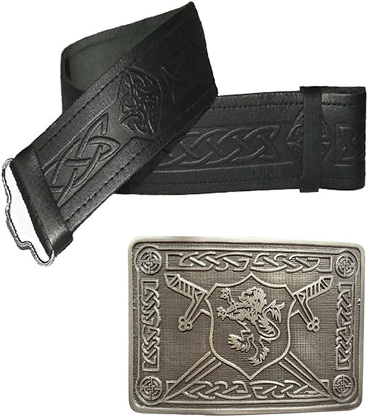 100% Real Leather Embossed Kilt Belt With Antique Kilt Belt Buckle