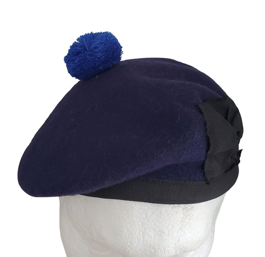 Blue Wool Scottish Balmoral Hat With Blue Pom