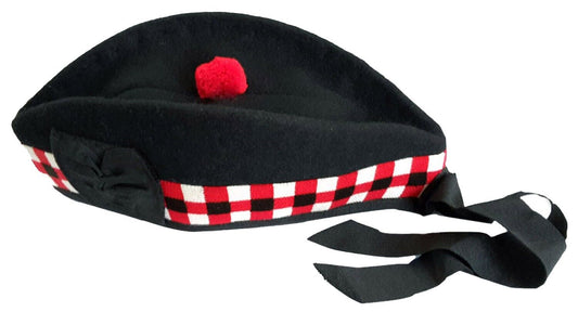 Scottish wool glengarry hat red white and black diced, black watch pipe band beret