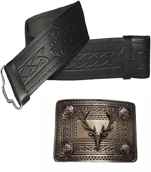 Real Leather Kilt Belt - Celtic Embossed With Highland stag buckle