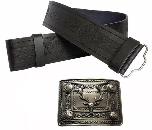 Leather Kilt Belt Celtic knot Embossed And Antique Stag Highland Buckle