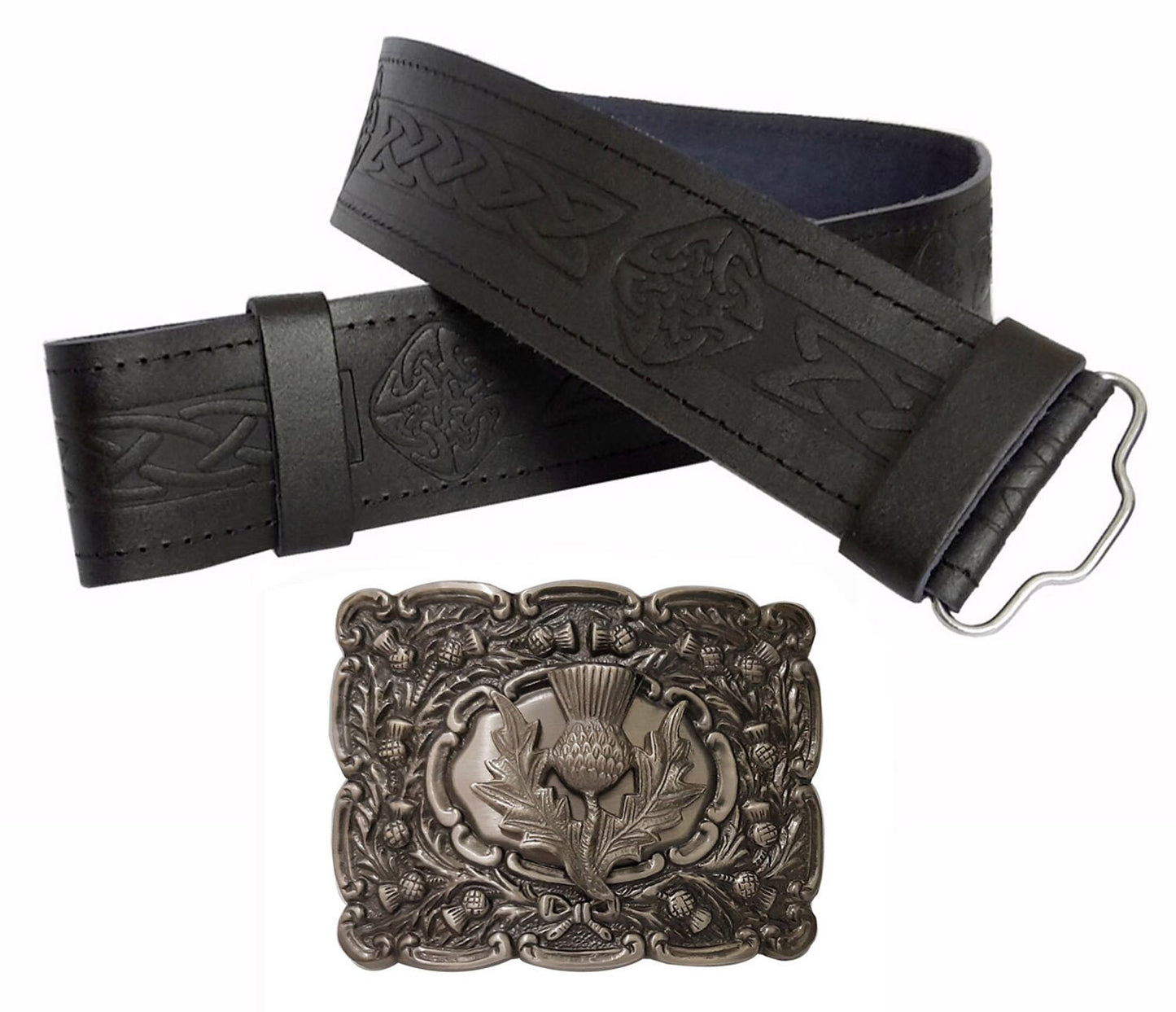 Leather Kilt Belt, Embossed Belt, Celtic knot, Thistle Buckle, Antique Belt Buckle, Highland Outfit, Men's gift, Kilt Belt And Buckle,