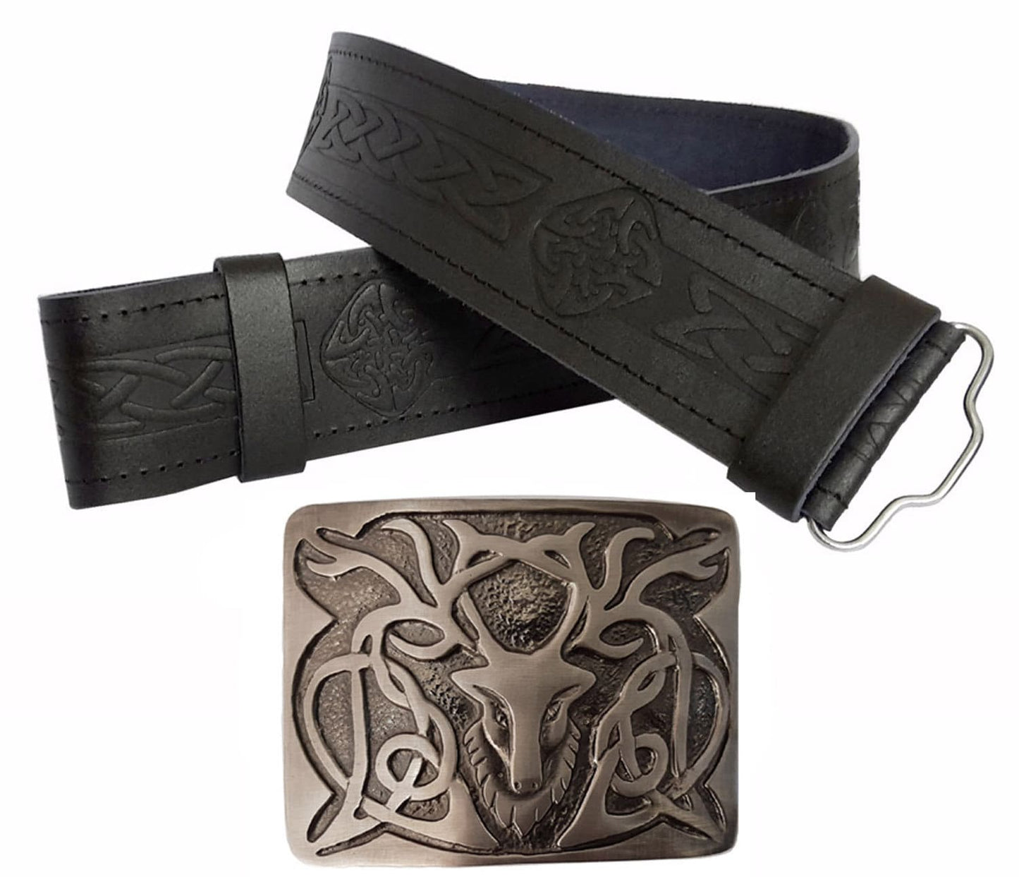 Leather Kilt Belt Celtic knot Highland Embossed and Antique Stag Buckle