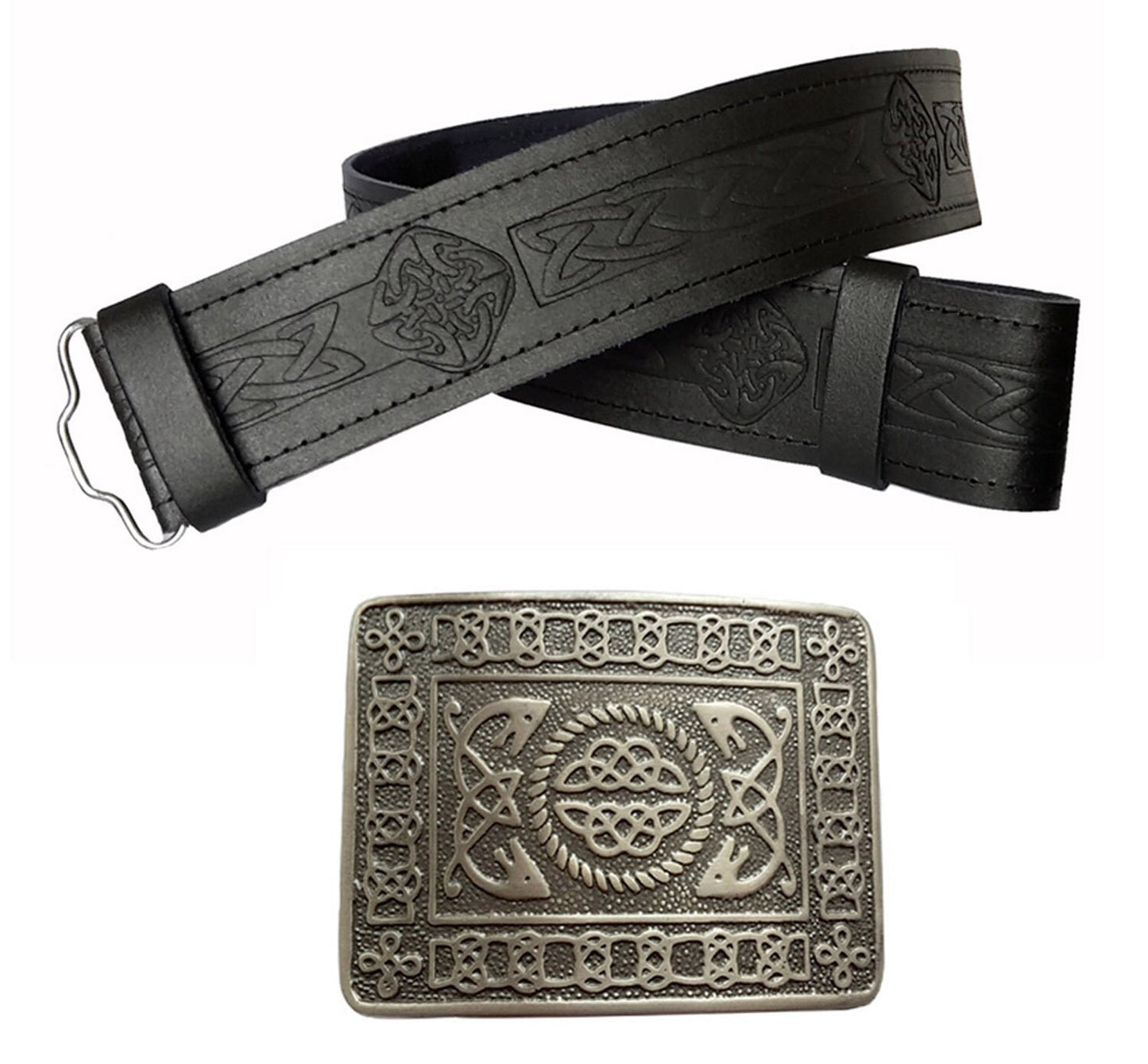 Leather Kilt Belt Celtic knot Embossed And Antique Buckle - Real Leather - 2 piece Accessory Set for Scottish Wedding Outfits