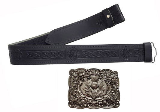 Leather Kilt Belt, Embossed Belt, Celtic knot, Thistle Buckle, Antique Belt Buckle, Highland Outfit, Men's gift, Kilt Belt And Buckle,