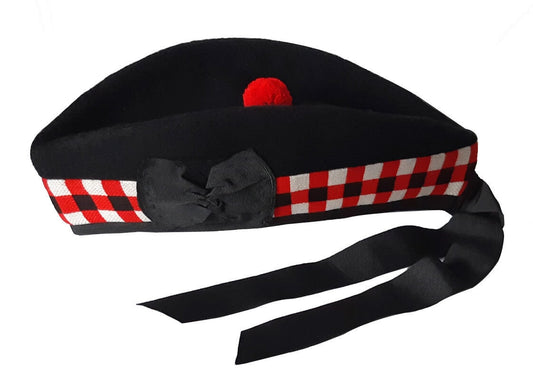 Scottish wool glengarry hat red toorie ribbon pom pom, red white and black diced,  black watch pipe band beret bonnet